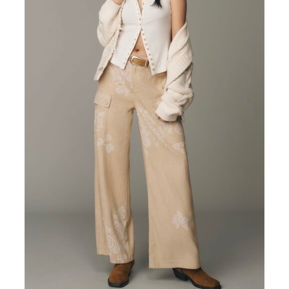 Anthropologie Floral Printed Wide-Leg Pants Beige Size 12
